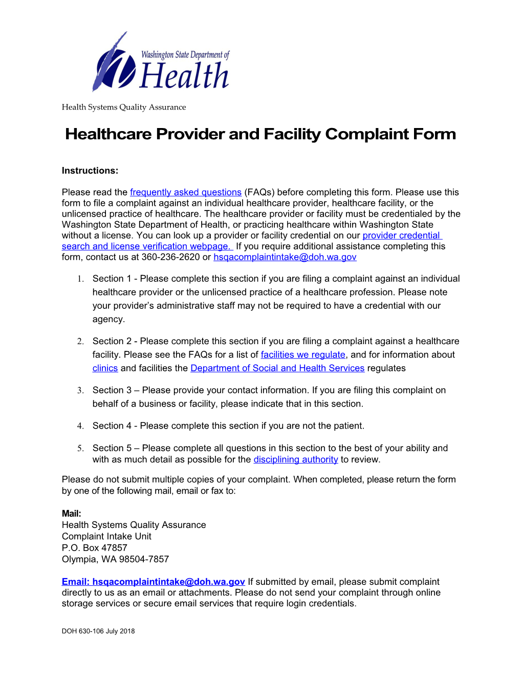 Healthcare Provider and Facility Complaint Form