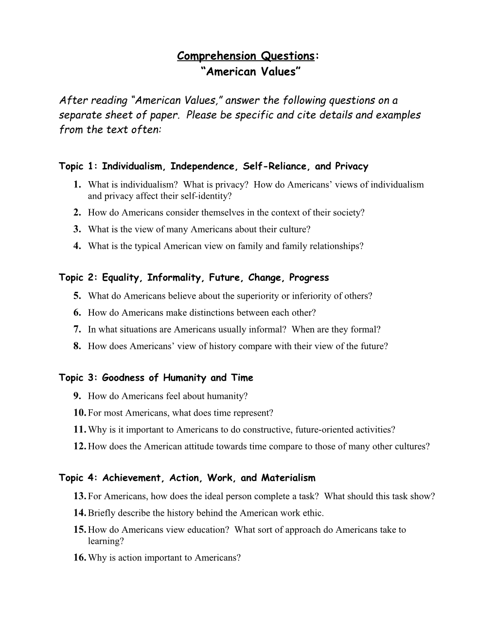 Comprehension Questions: American Values