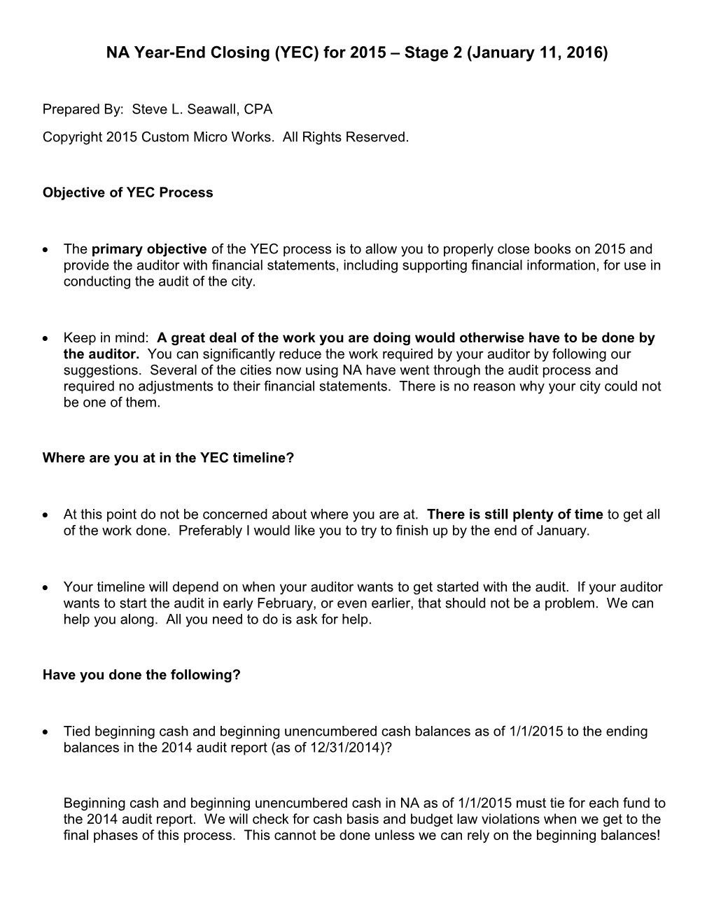 NA Year-End Closing (YEC)For 2015 Stage 2 (January 11, 2016)