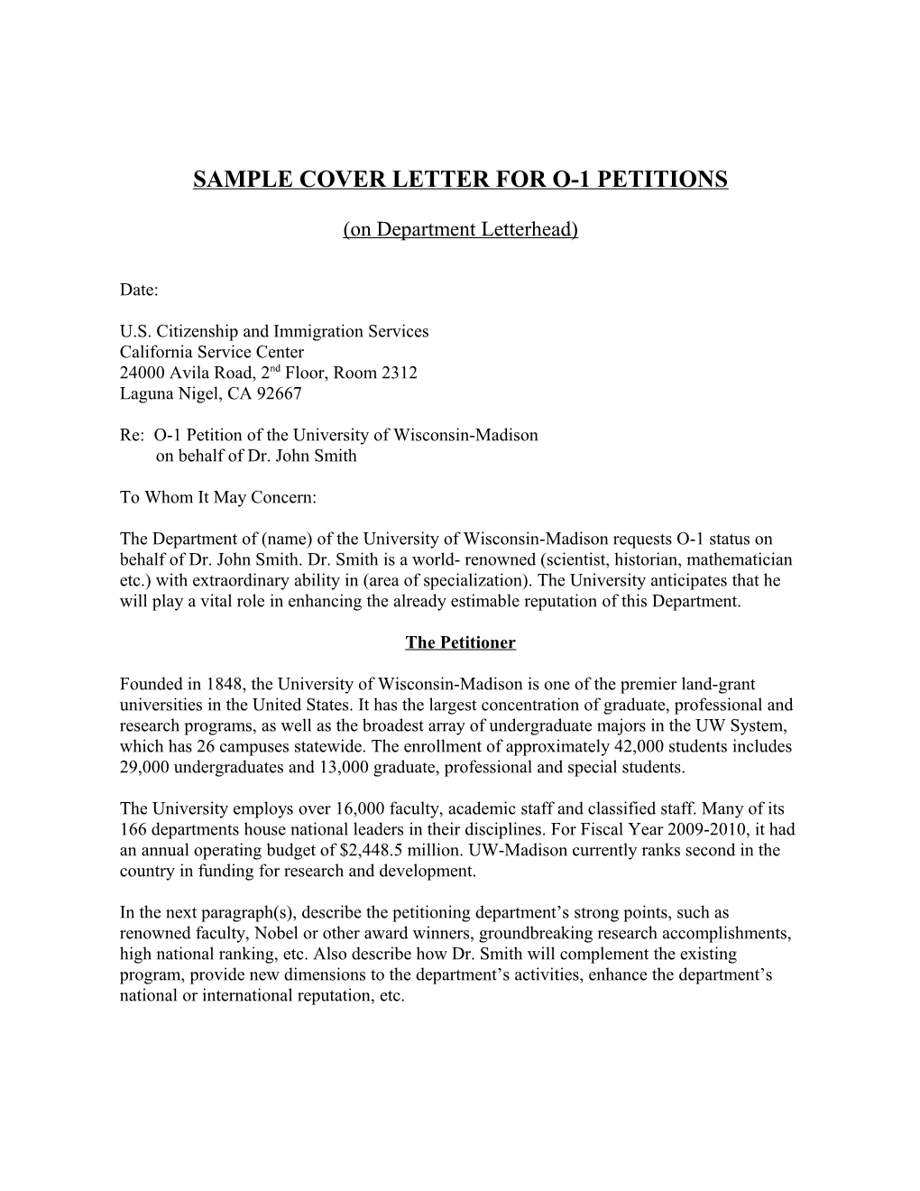 Sample Cover Letter for O-1 Petitions