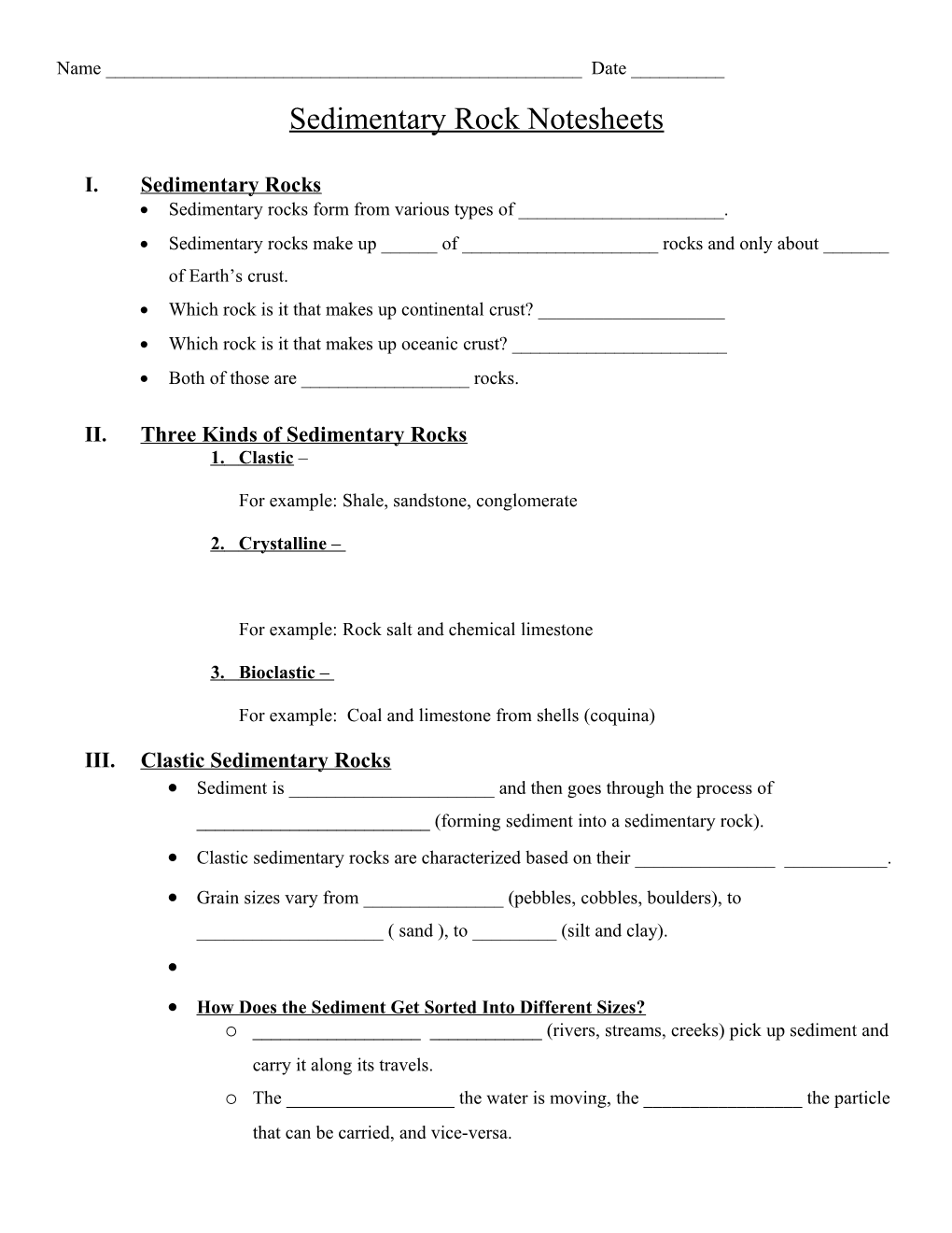 Sedimentary Rock Notesheets