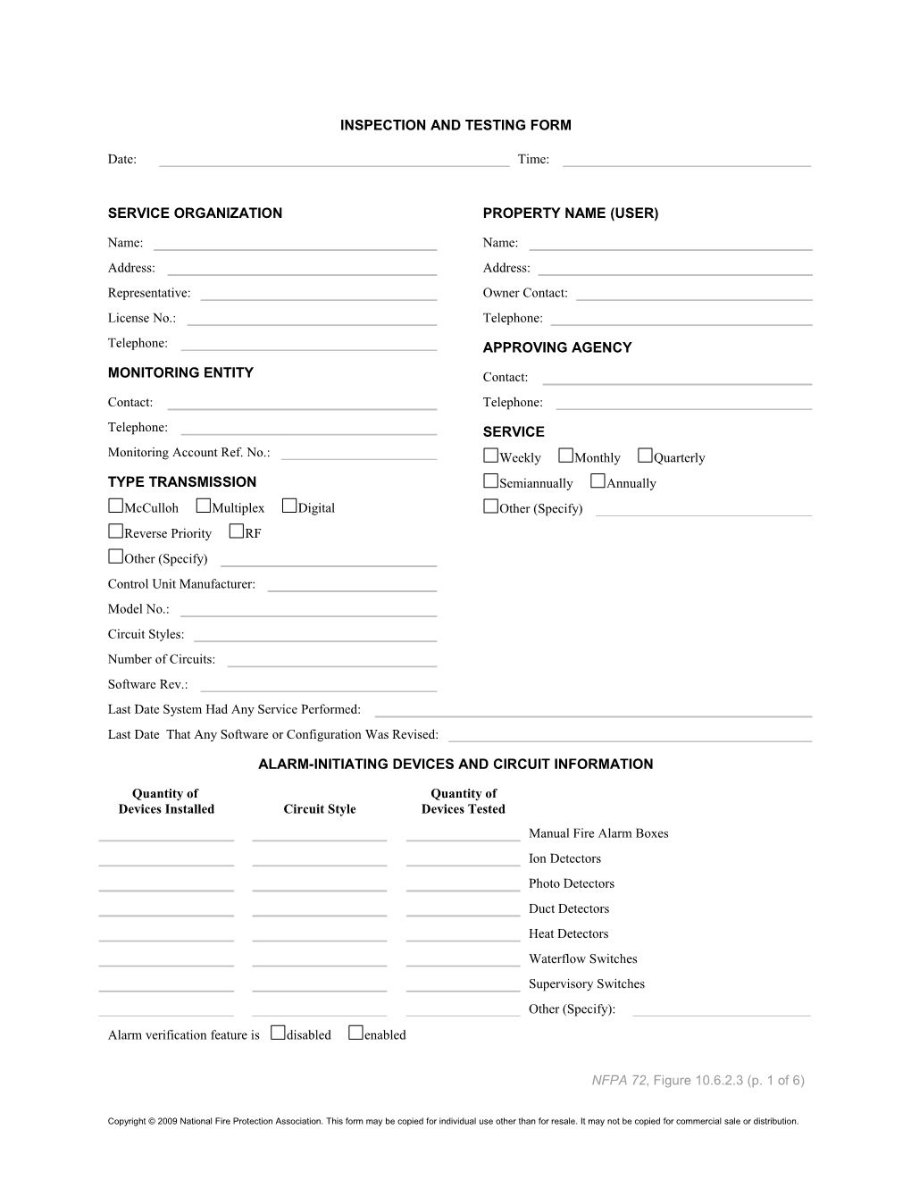 Inspection and Testing Form