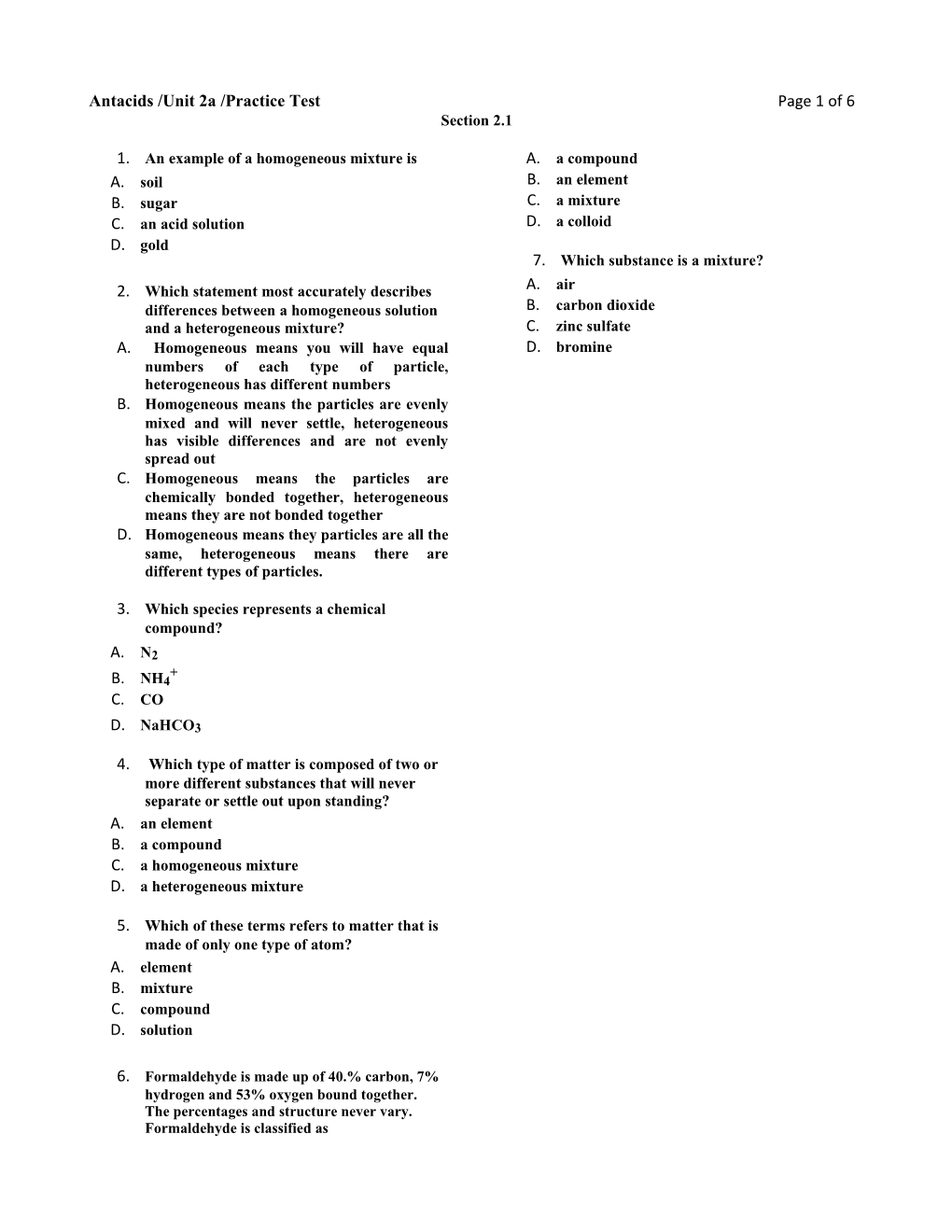 Antacids /Unit 2A /Practice Testpage 1 of 4