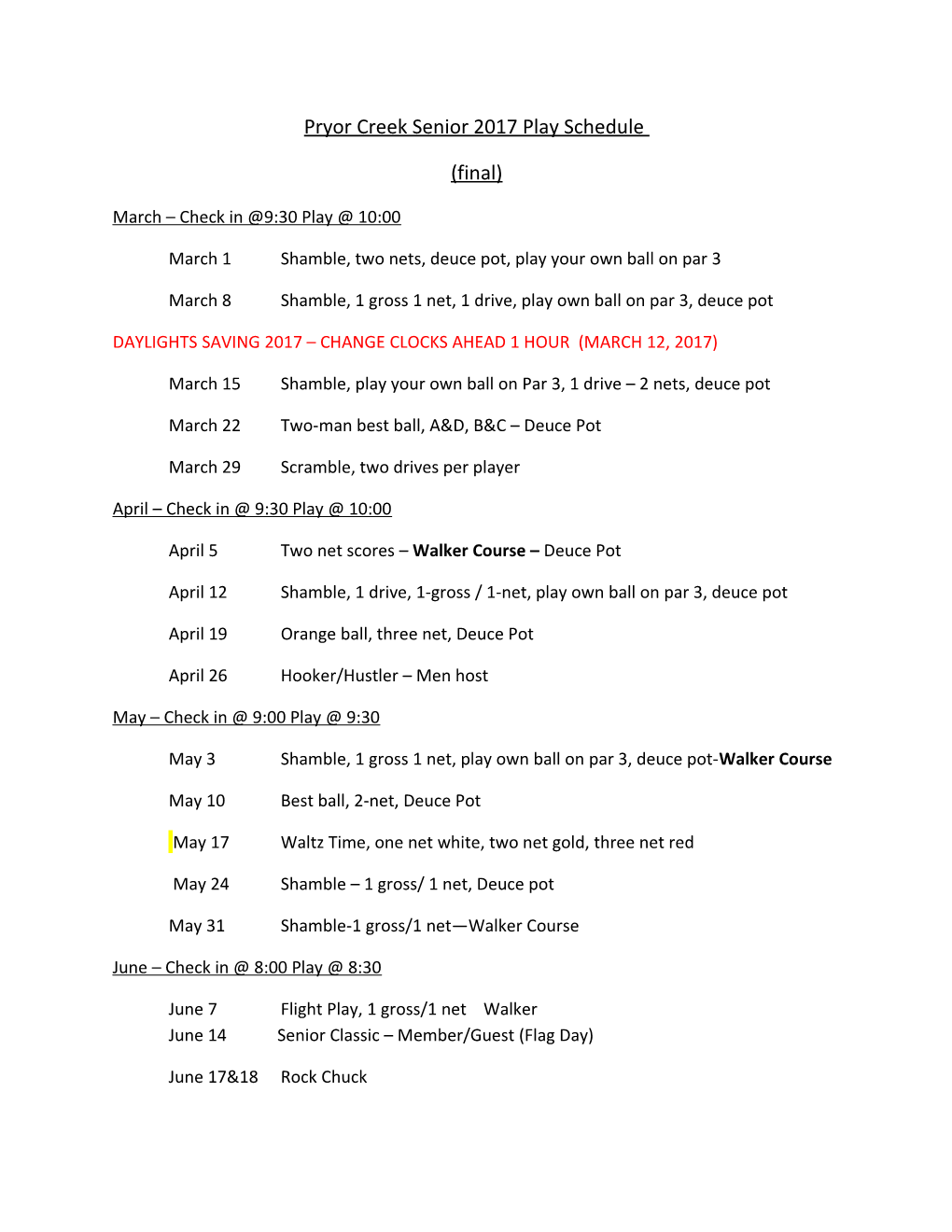 Pryor Creek Senior 2017 Play Schedule