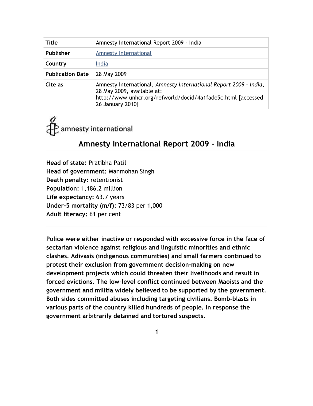 Amnesty International Report 2009 - India