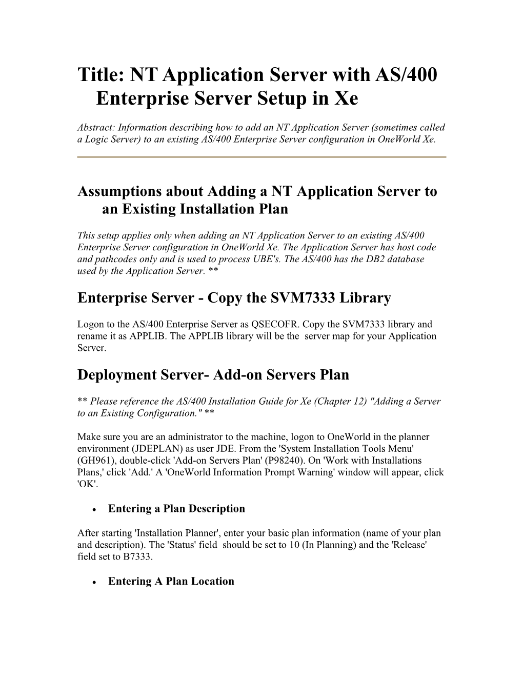 Title: NT Application Server with AS/400 Enterprise Server Setup in Xe