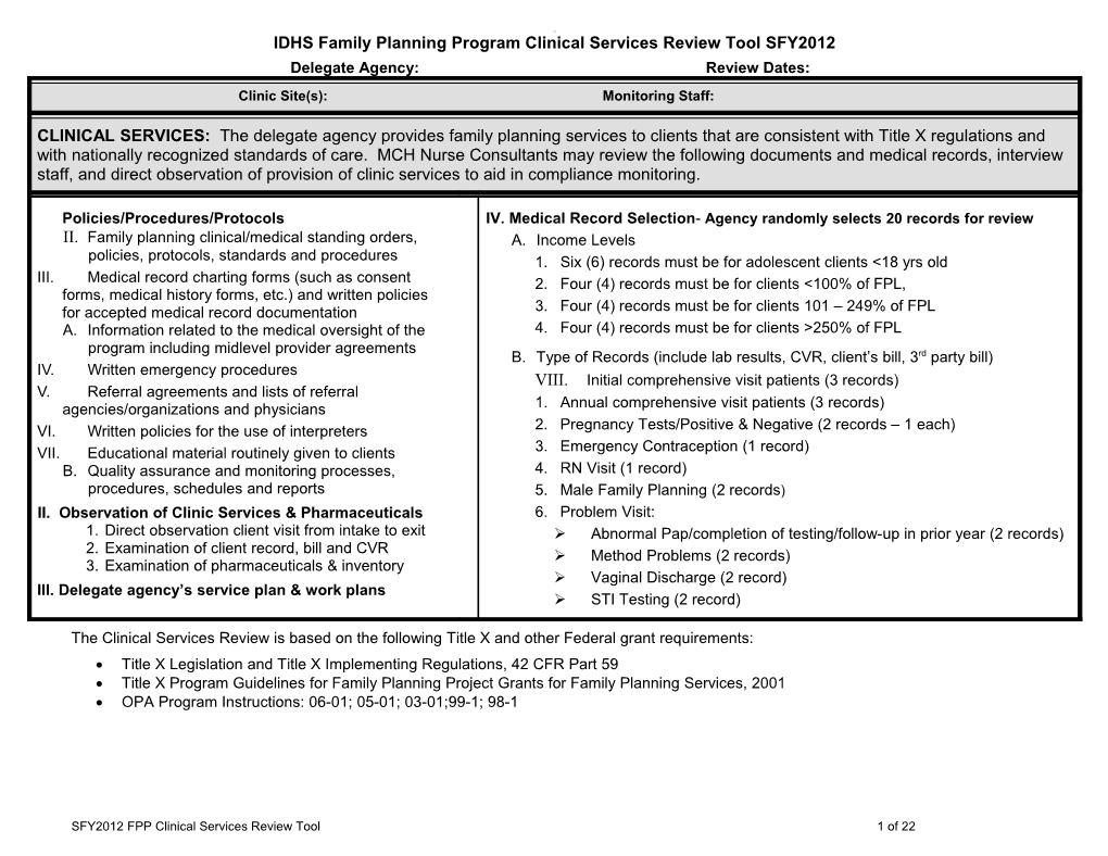 IDHS Family Planning Program Clinical Services Review Toolsfy2012