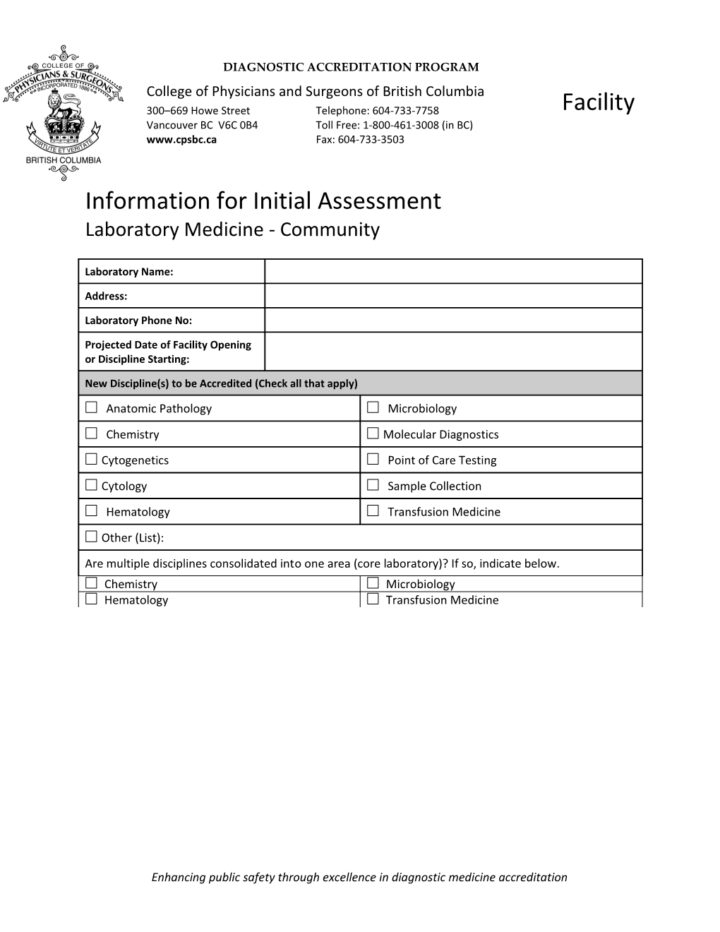 Facility Information for Initial Assessment