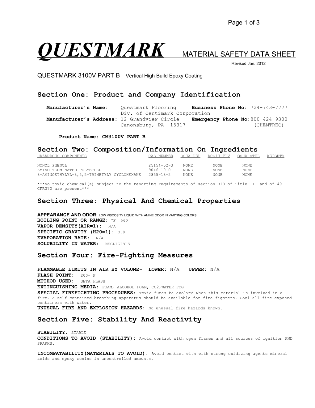 Centimark Material Safety Data Sheet