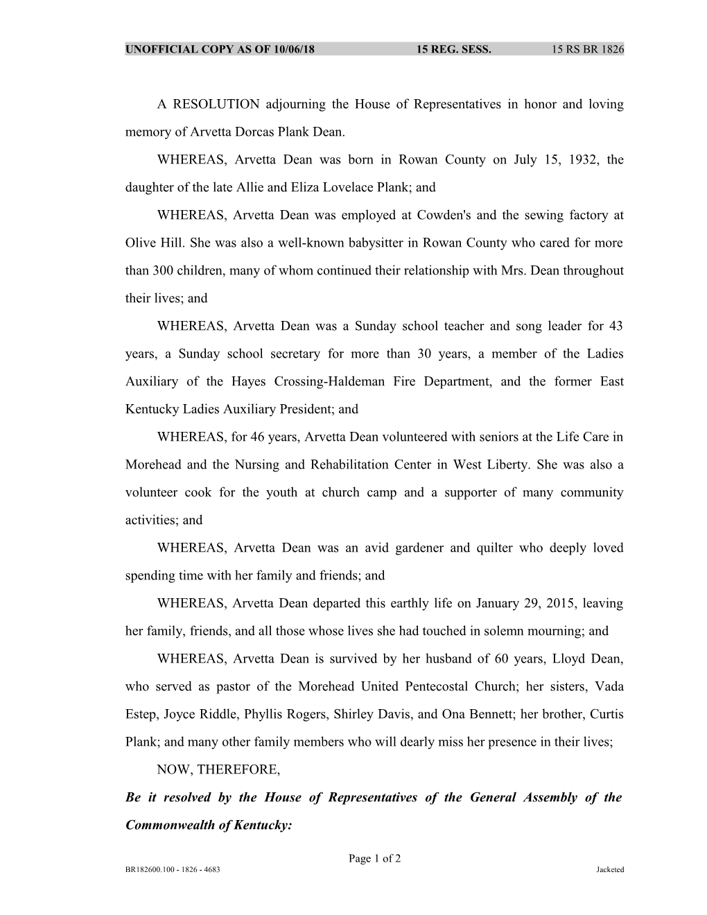 A RESOLUTION Adjourning the House of Representatives in Honor and Loving Memory of Arvetta