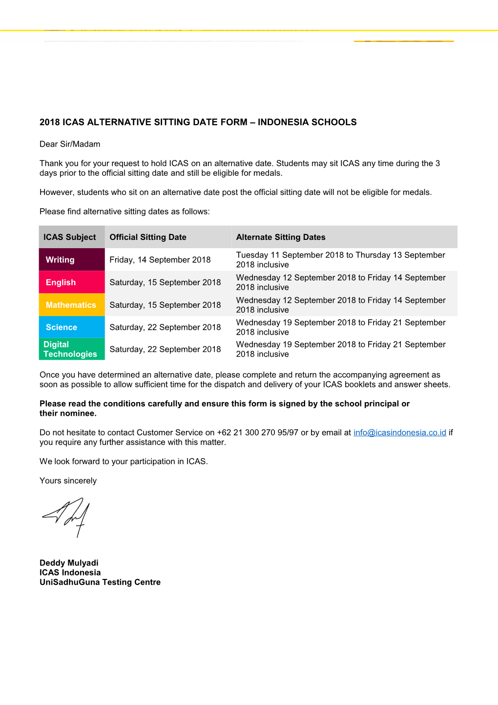 2018 Icas Alternative Sitting Date Form Indonesia Schools