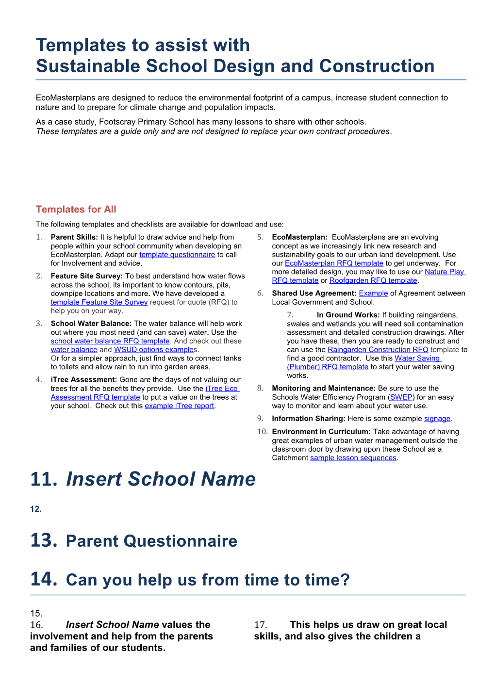 Templates to Assist with Sustainable School Design and Construction