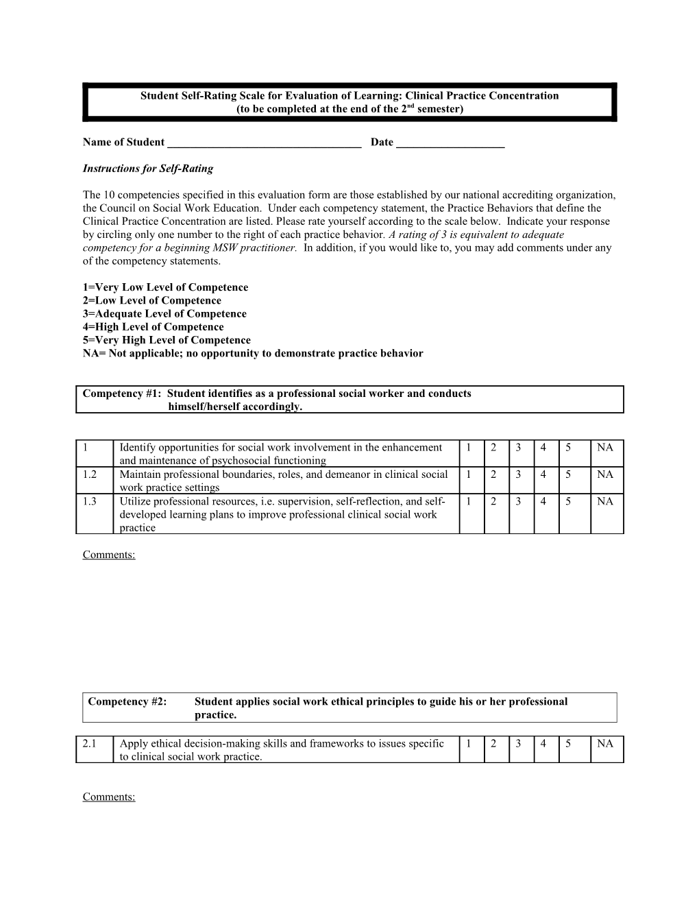 Studentself-Rating Scale for Evaluation of Learning: Clinical Practice Concentration