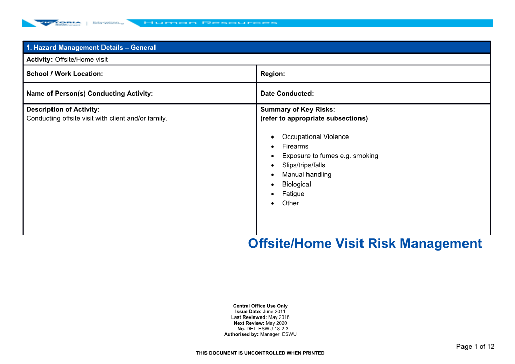 Offsite Home Visit Risk Management Form