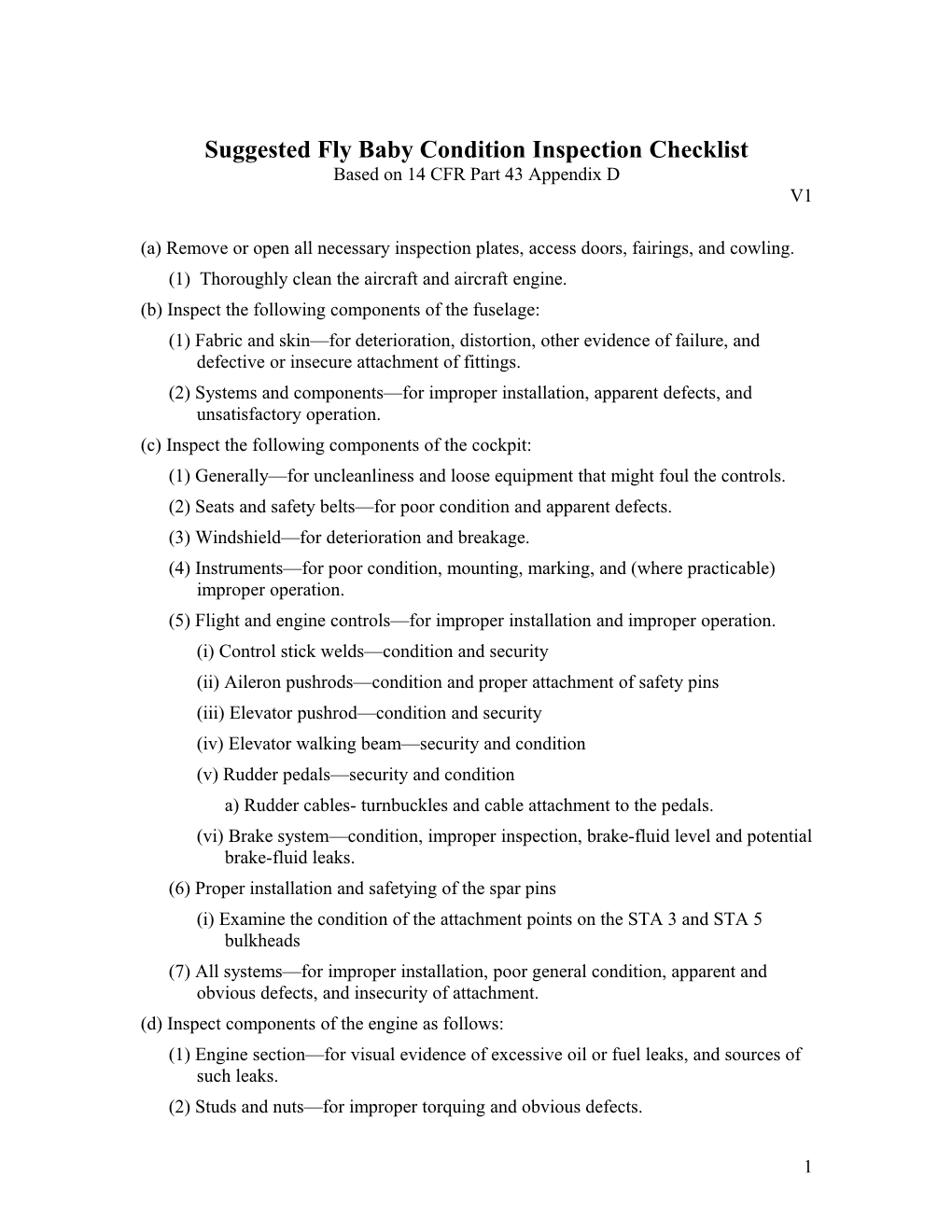 Suggested Fly Baby Condition Inspection Checklist