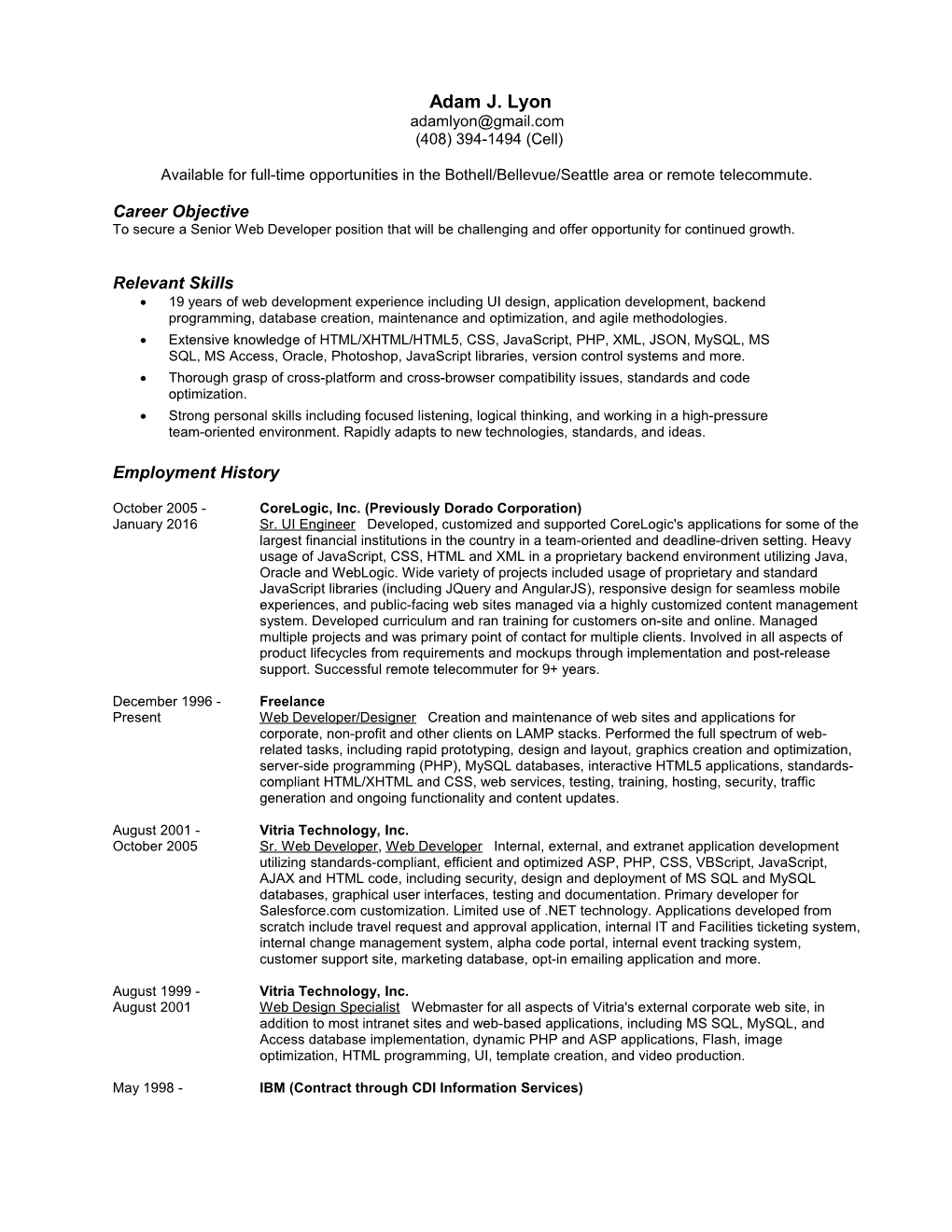 Adam J. Lyon Resume