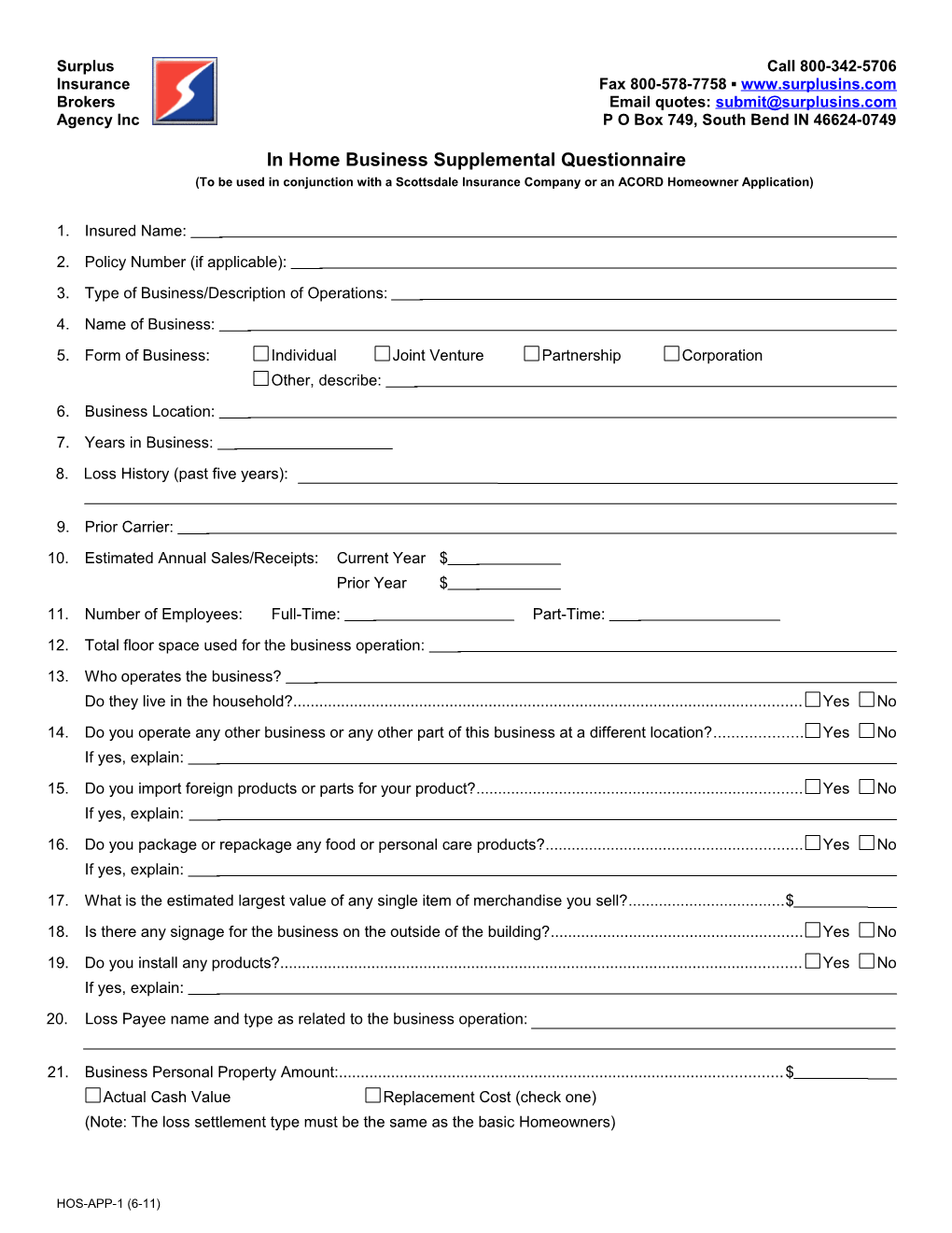 In Home Business Supplemental Questionnaire