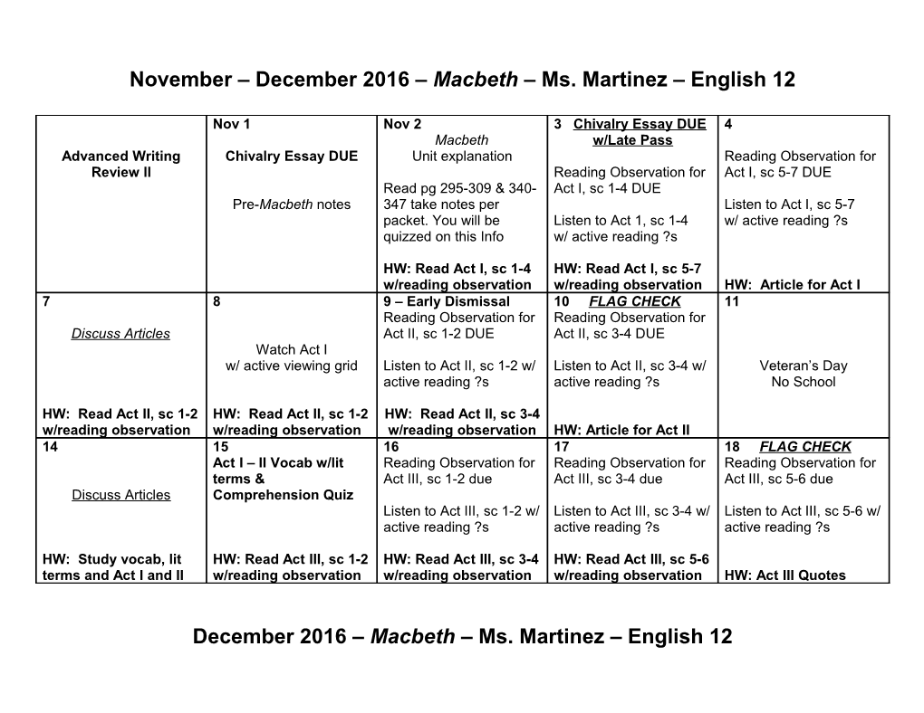 November December 2016 Macbeth Ms. Martinez English 12