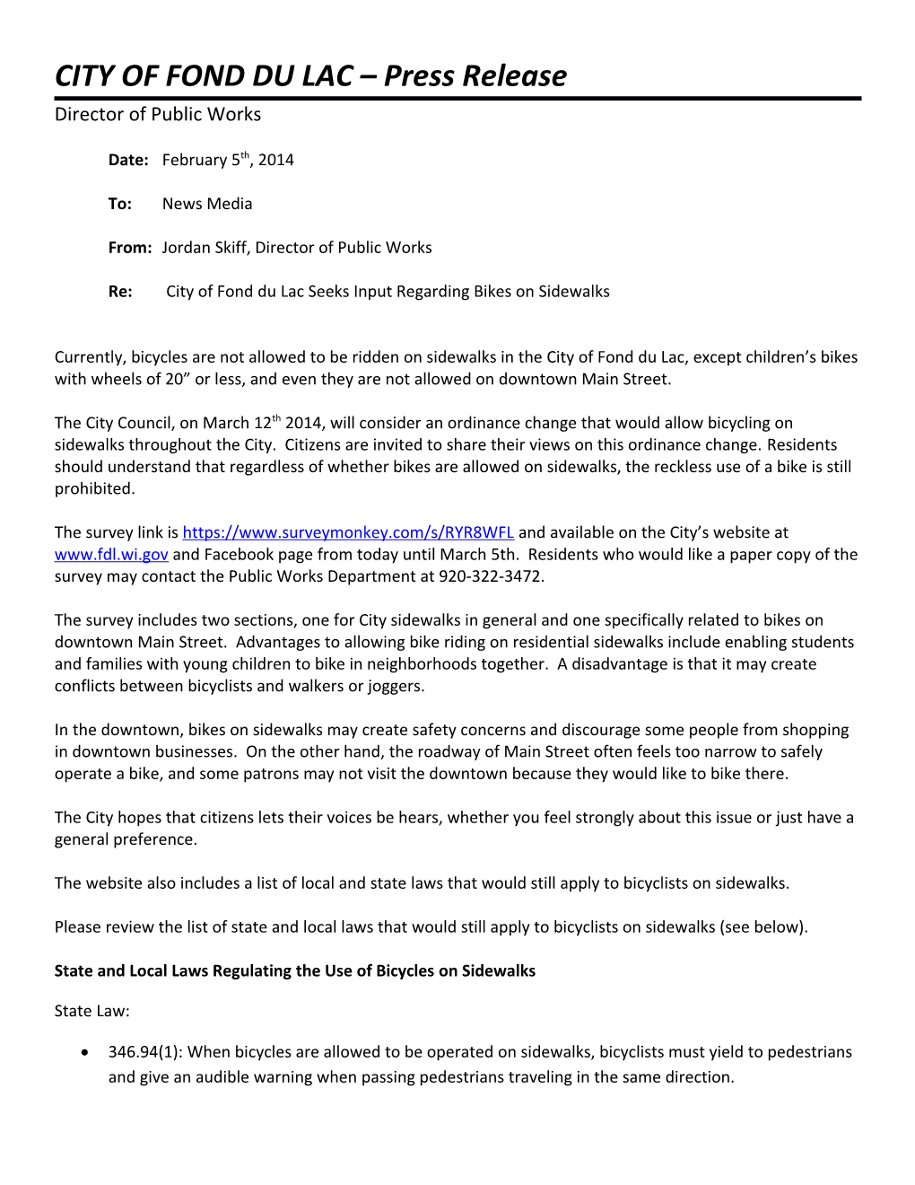 CITY of FOND DU LAC Press Release