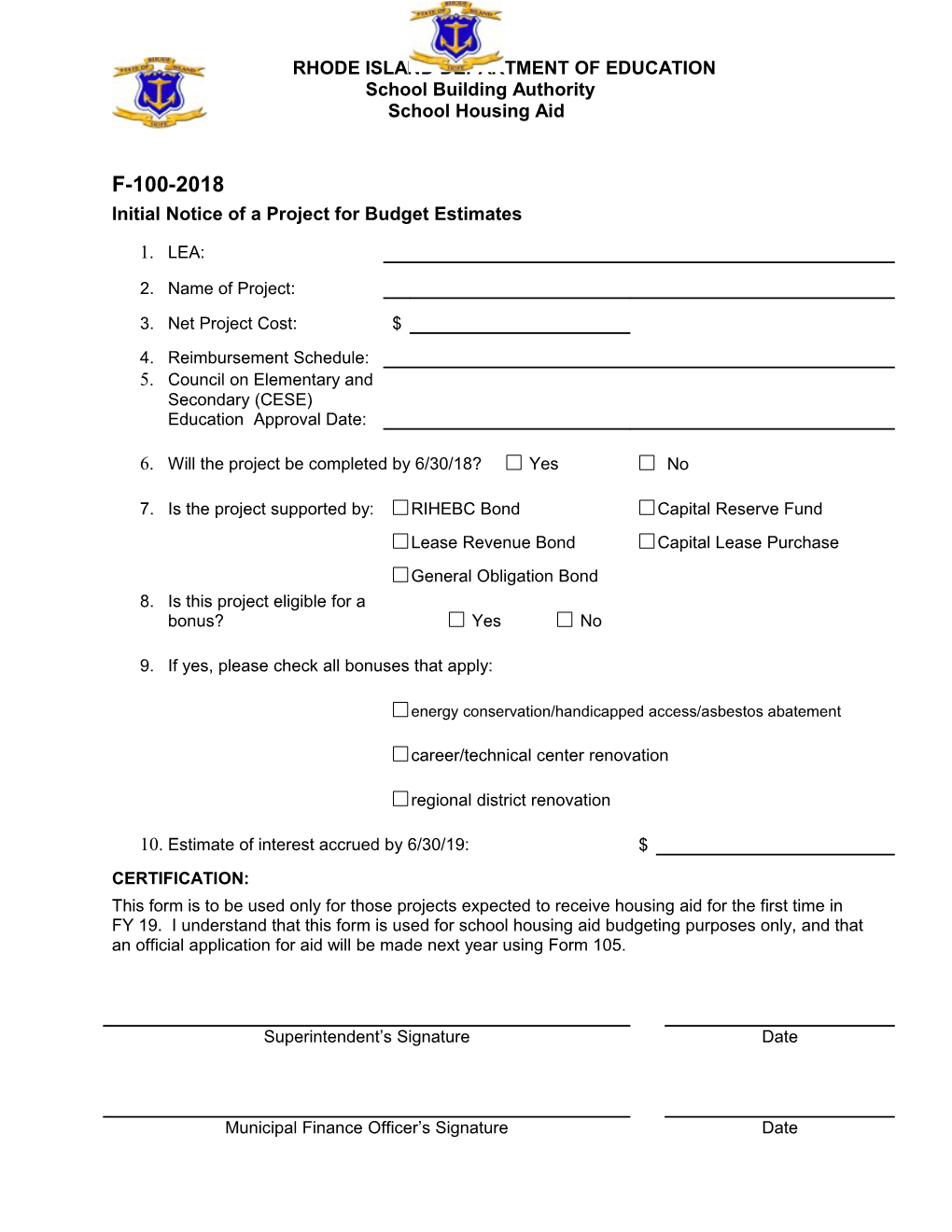 Initial Notice of a Project for Budget Estimates