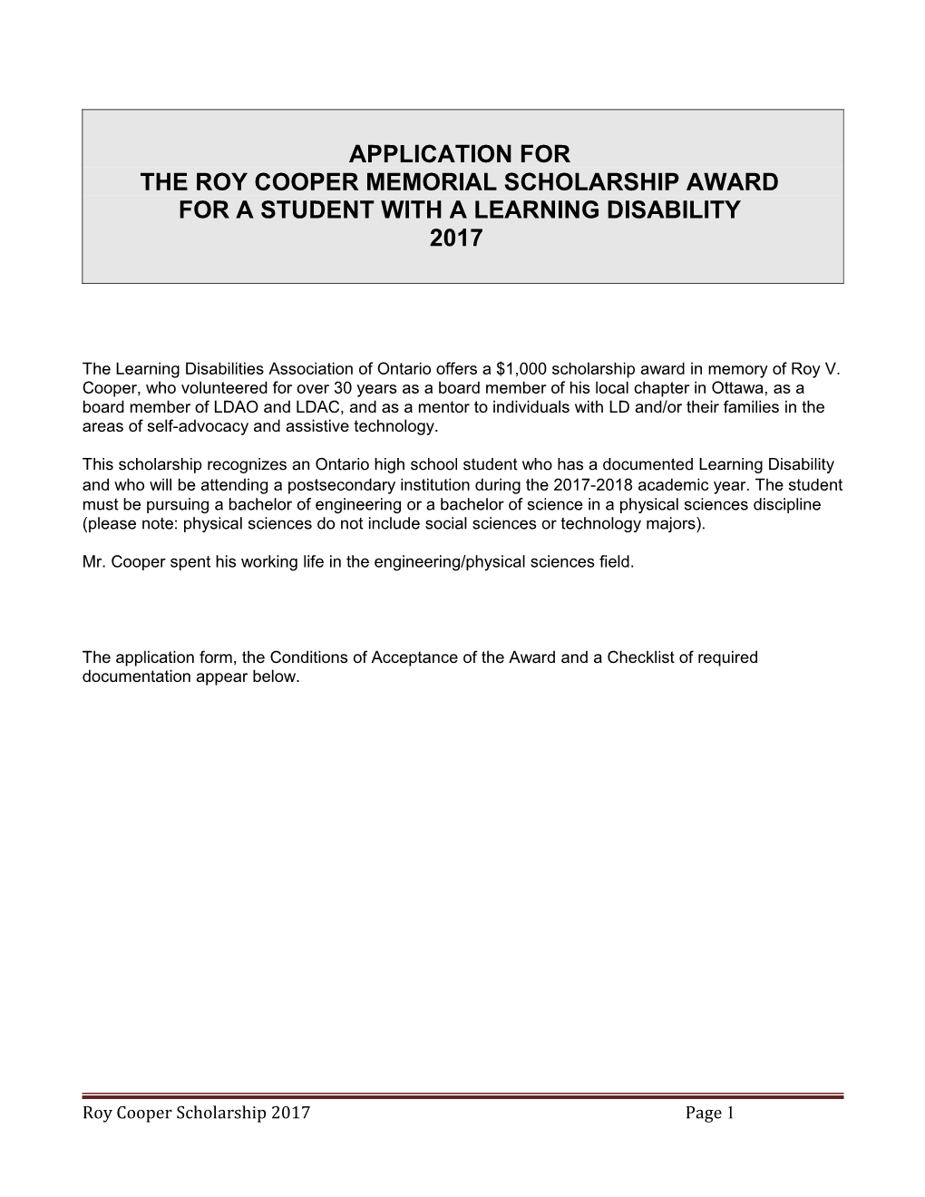 Roy Cooper Scholarship Award
