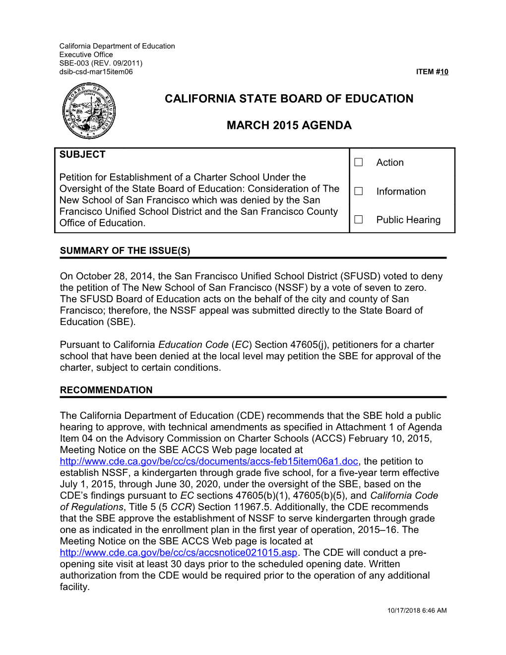 March 2015 Agenda Item 10 - Meeting Agendas (CA State Board of Education)