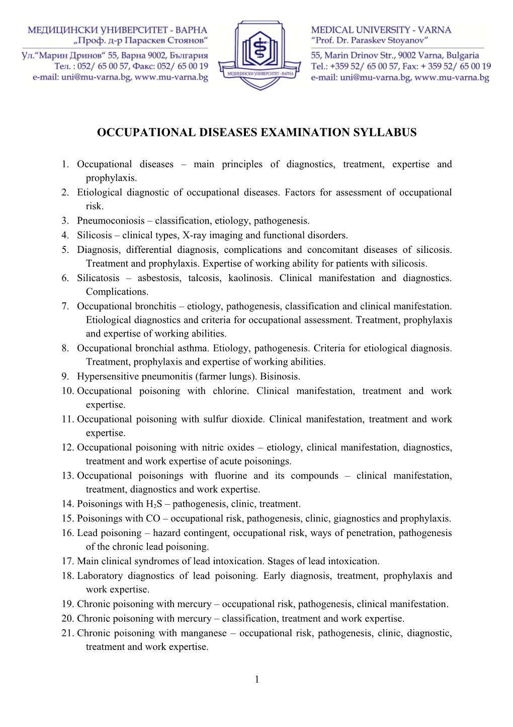 Occupational Diseases Examination Syllabus