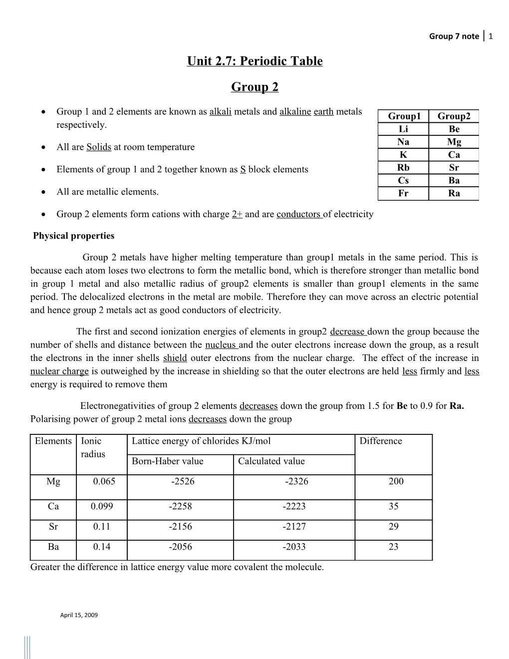 Unit 2.7: Periodic Table