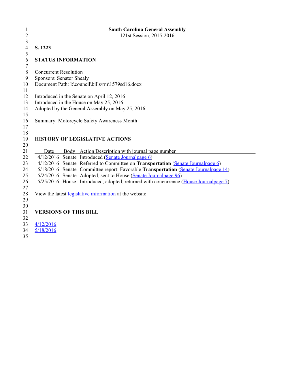 2015-2016 Bill 1223: Motorcycle Safety Awareness Month - South Carolina Legislature Online