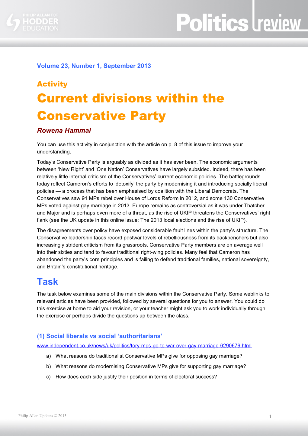 Current Divisions Within the Conservative Party