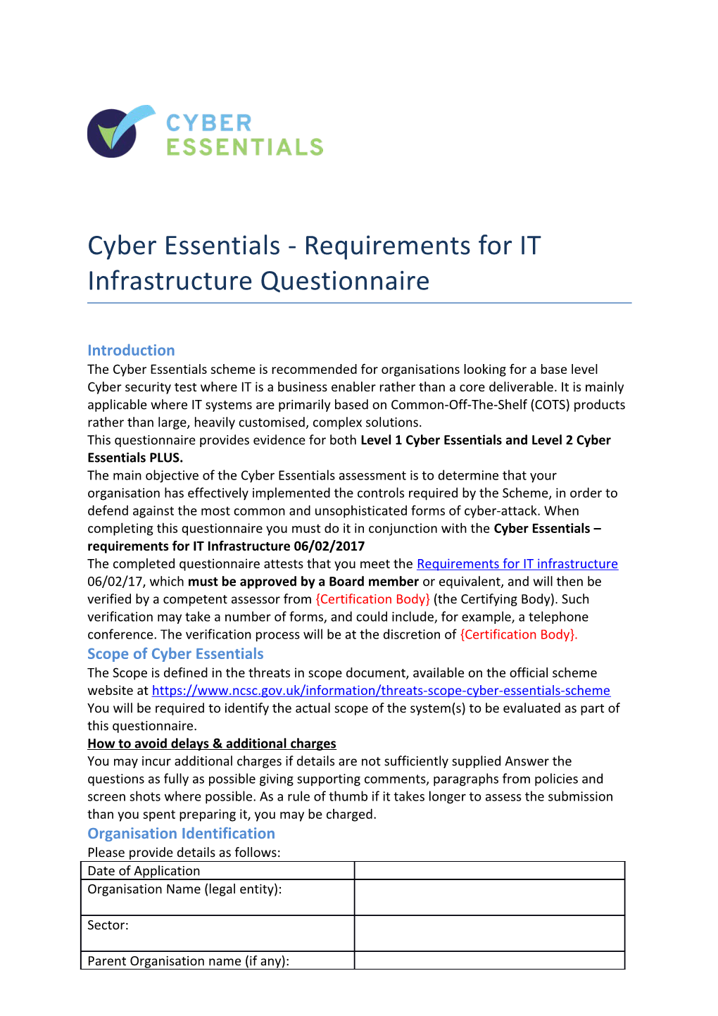 Cyber Essentials - Requirements for IT Infrastructure Questionnaire