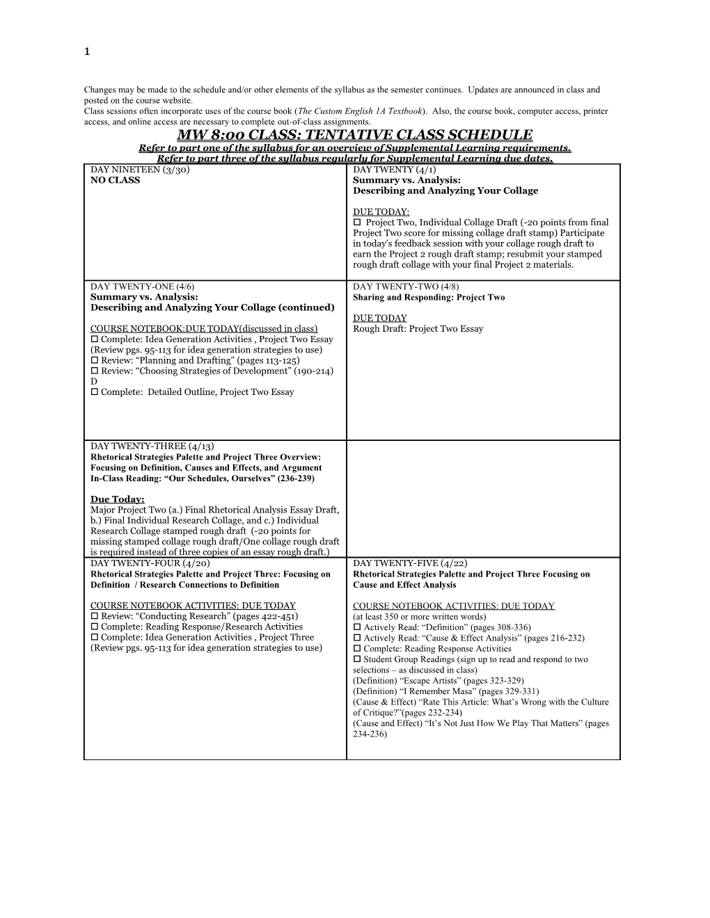 MW8:00 CLASS: TENTATIVE CLASS SCHEDULE Refer to Part One of the Syllabus for an Overview