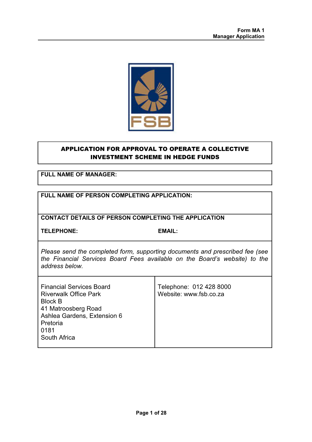 Manager Application Form MA1