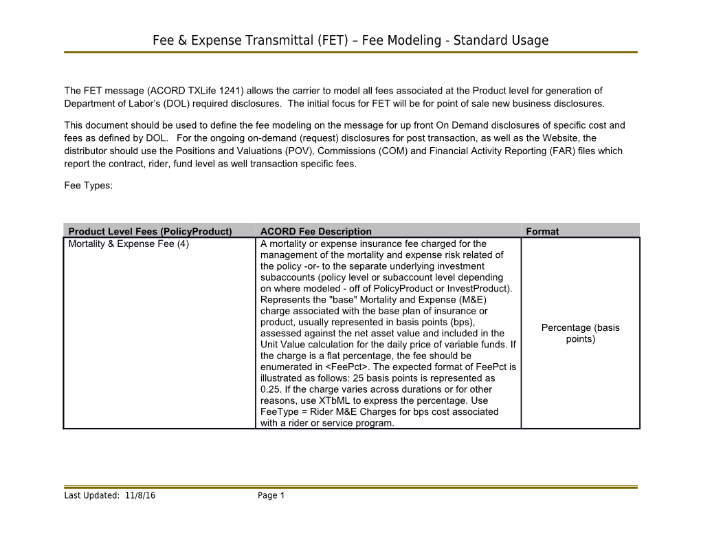 Fee & Expense Transmittal (FET) Fee Modeling - Standard Usage