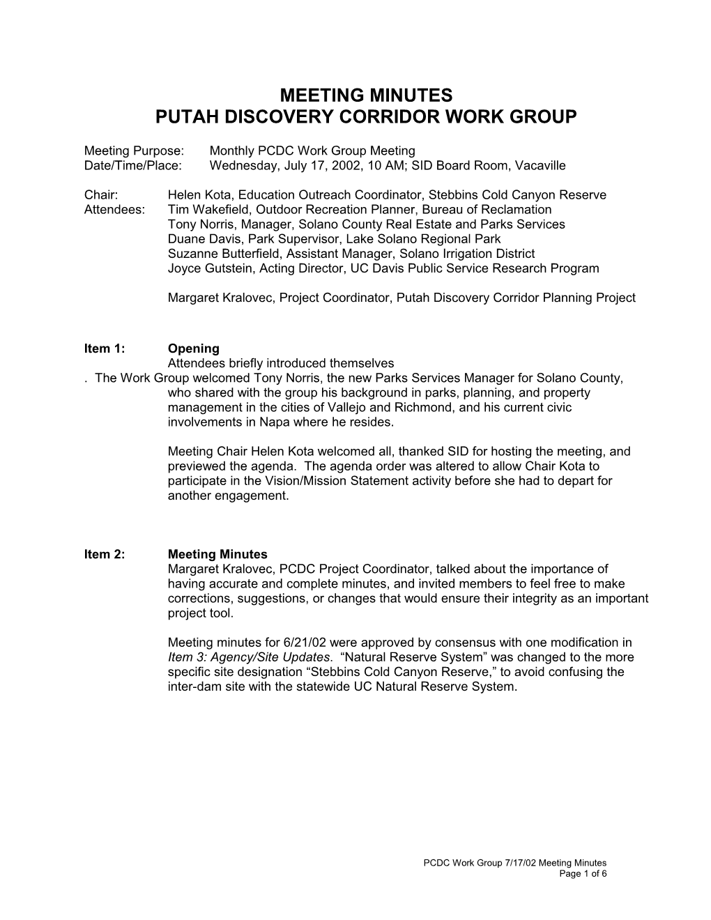 Putah Discovery Corridor Work Group