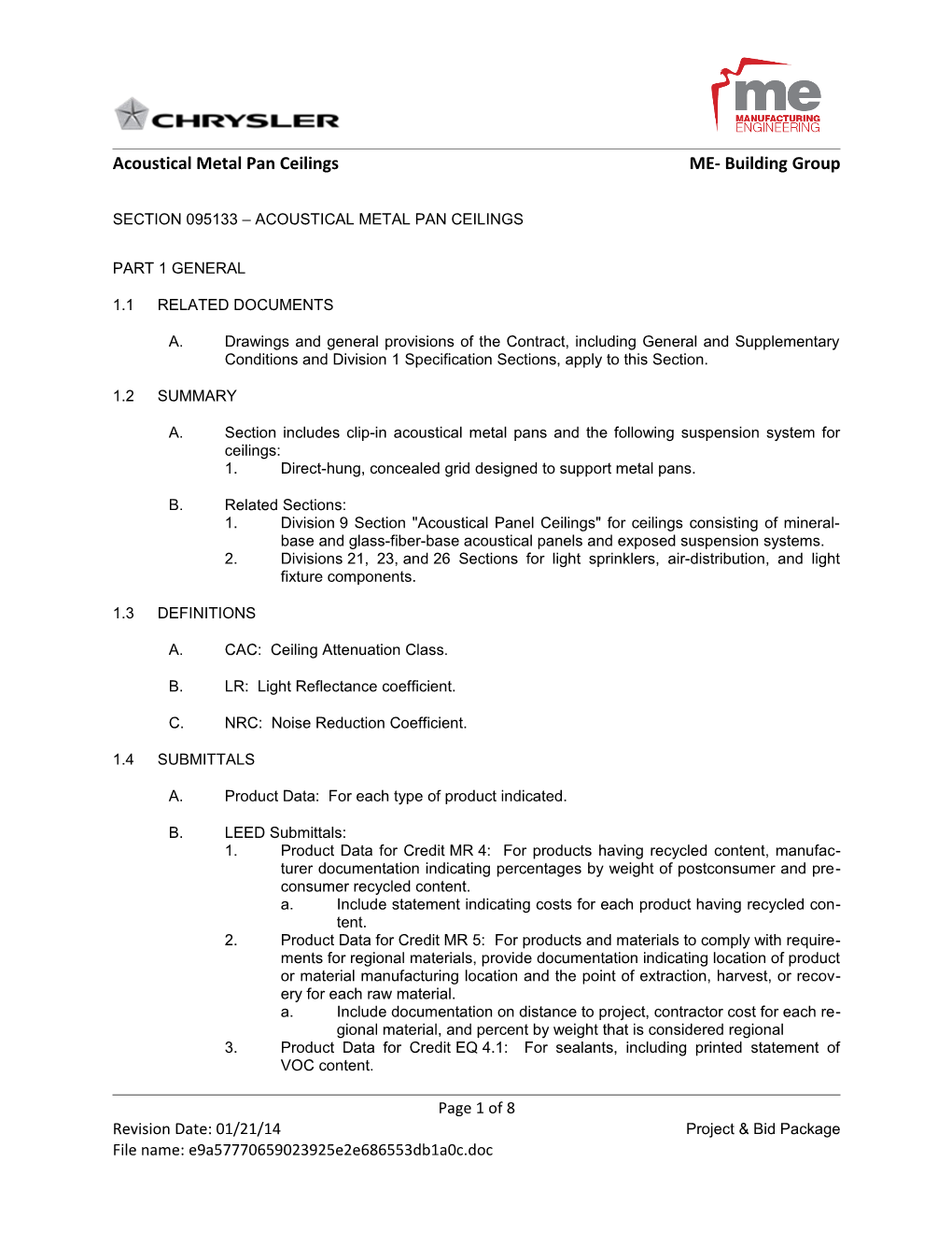 Section 09514 - Acoustical Metal Pan Ceilings