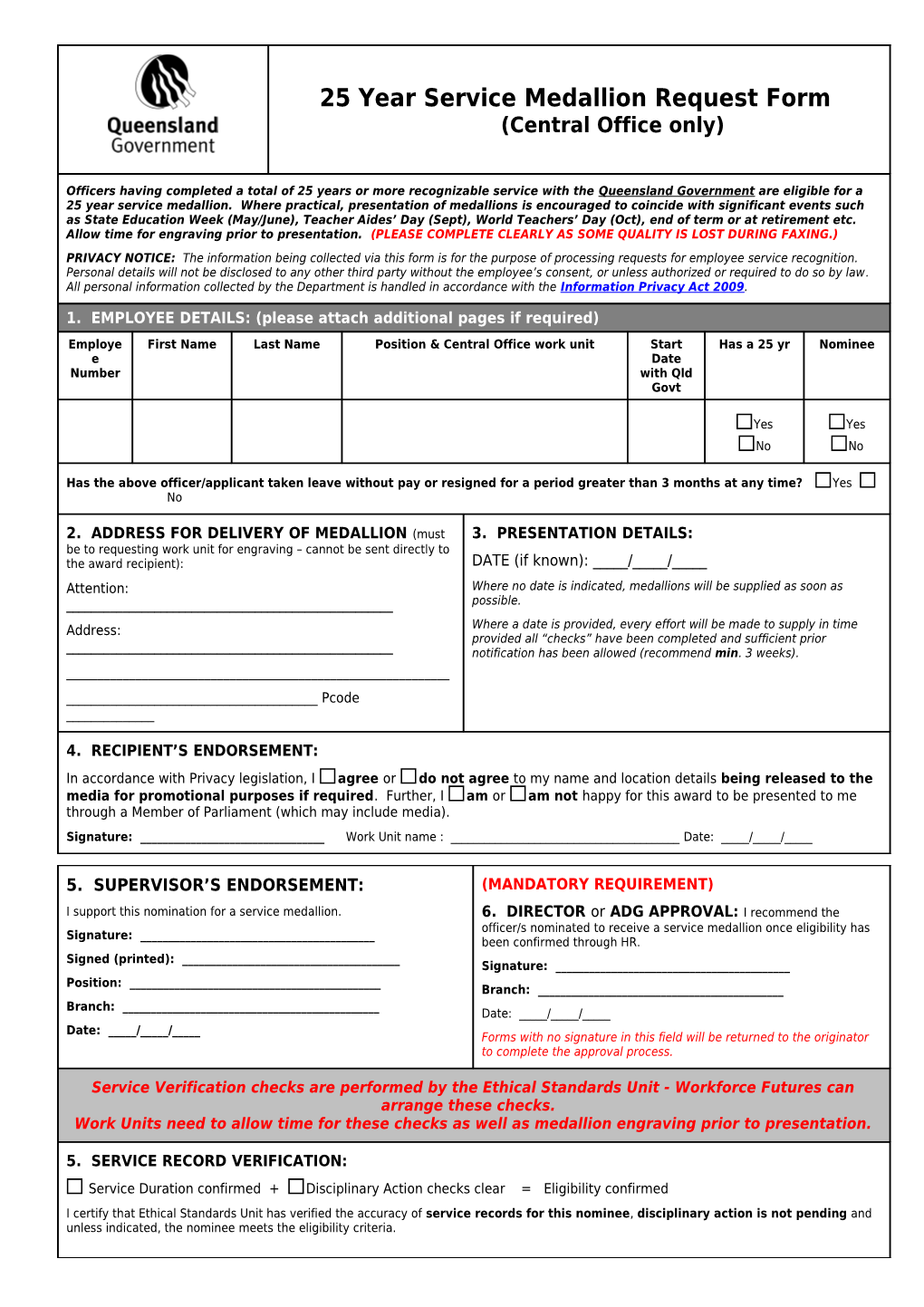 25 Year Service Medallion Application Form - Central Office