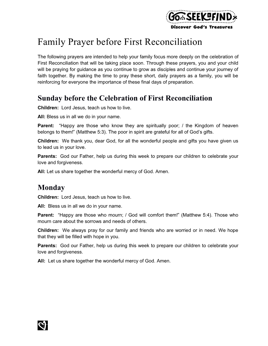 Family Prayer Before First Reconciliation