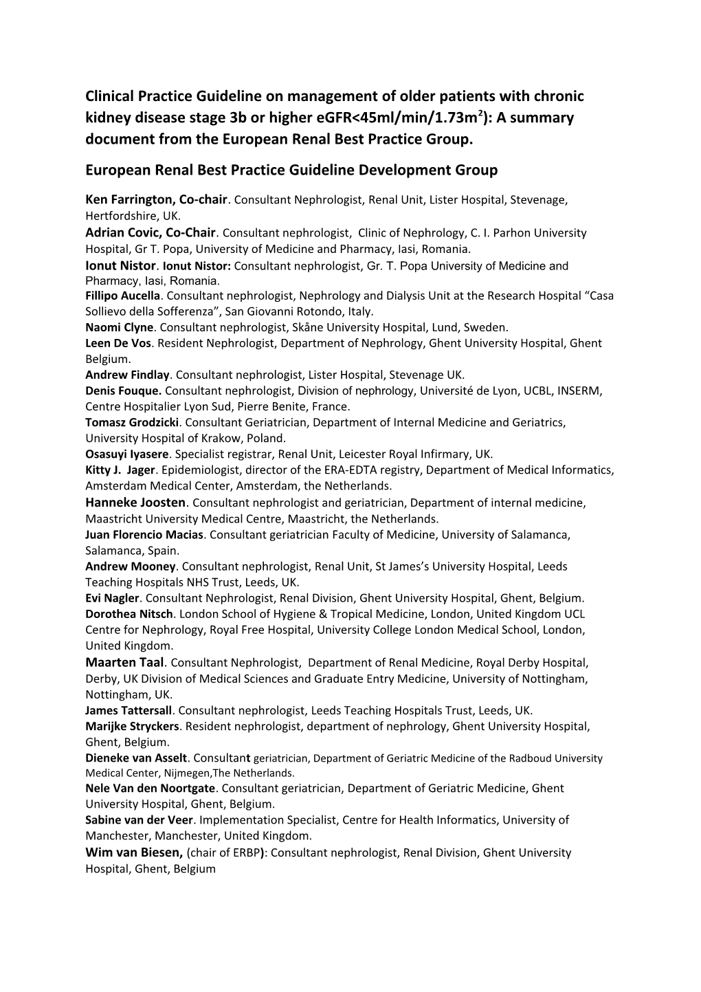 Clinical Practice Guideline on Management of Older Patients with Chronic Kidney Disease