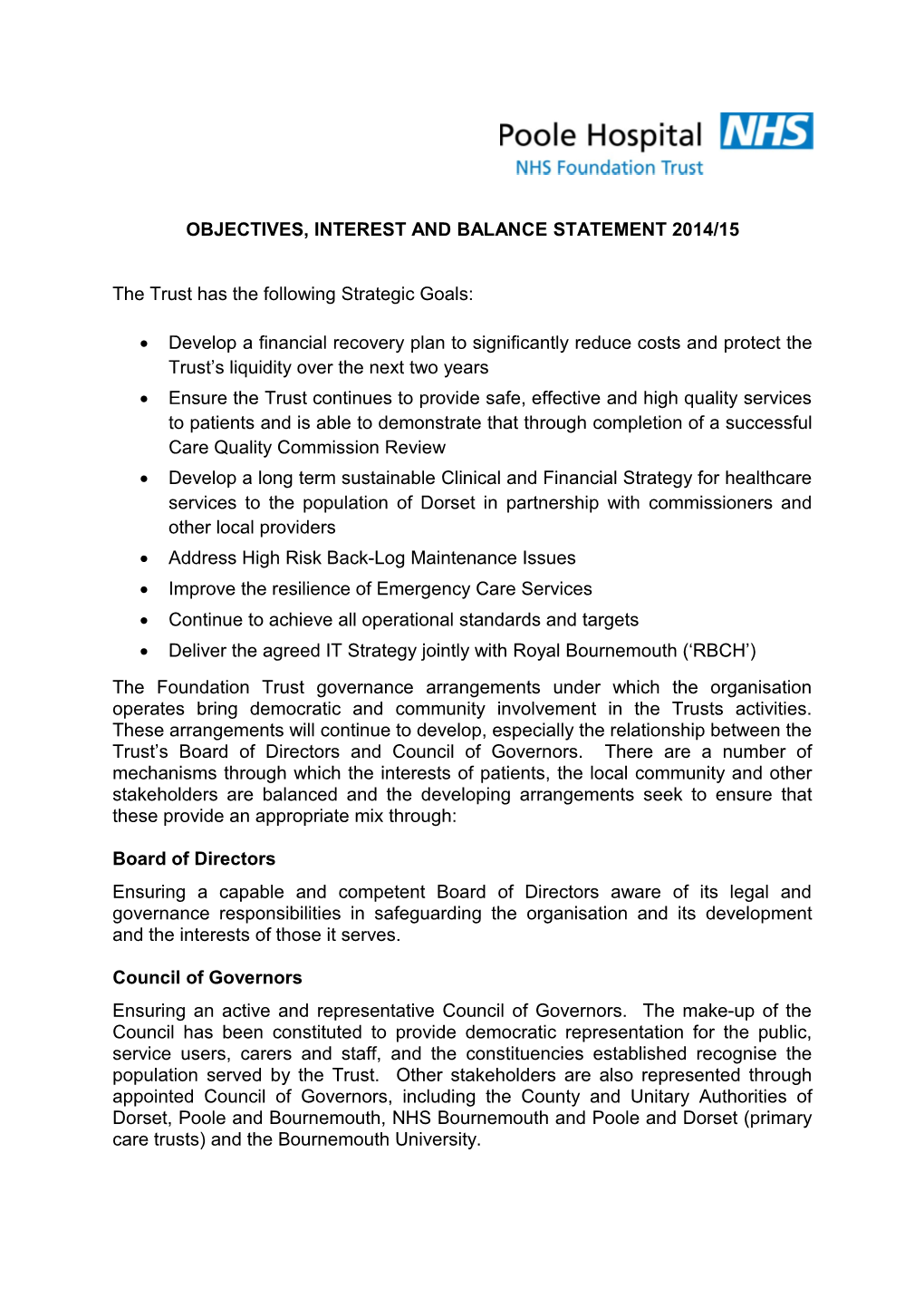 Objectives, Interest and Balance Statement 2014/15