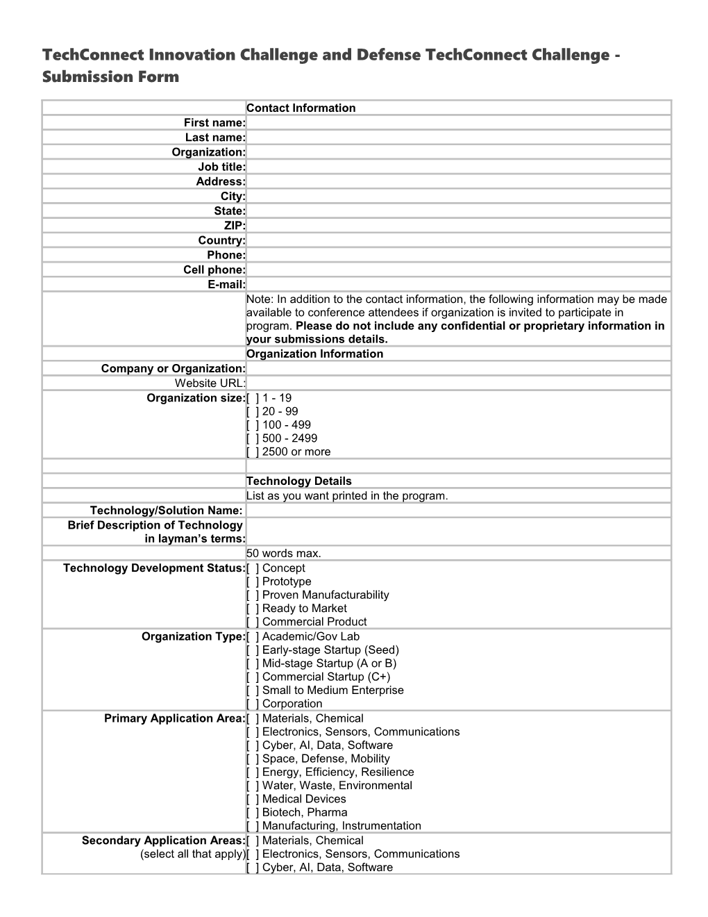 Techconnect Innovation Challenge and Defense Techconnect Challenge - Submission Form