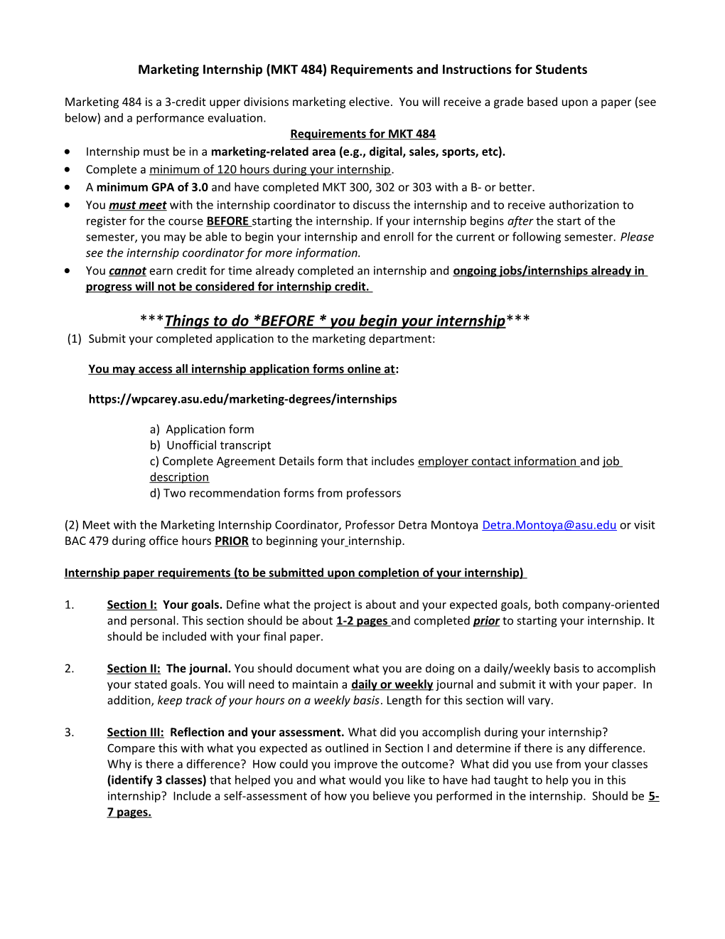 Marketing Internship (MKT 484) Requirements and Instructions for Students