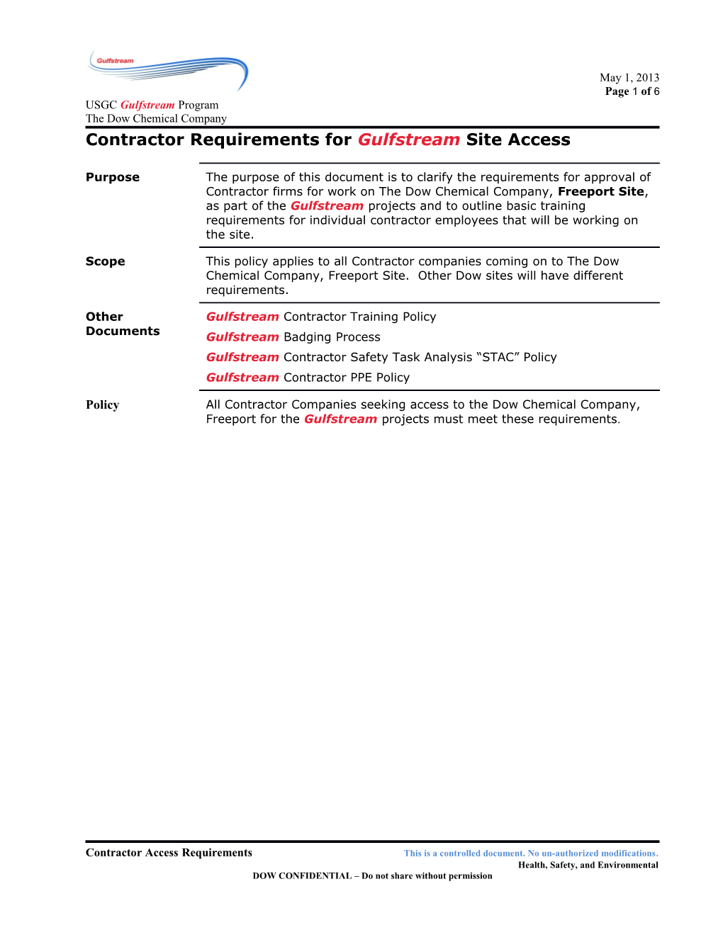 Contractor Requirements for Gulfstream Site Access