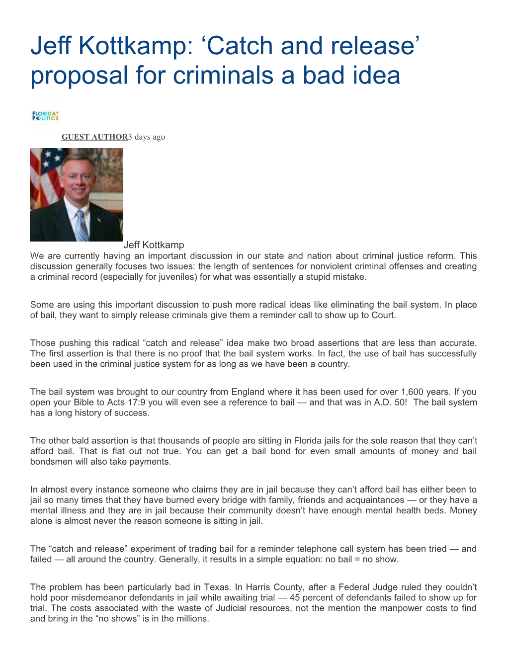 Jeff Kottkamp: Catch and Release Proposal for Criminals a Bad Idea