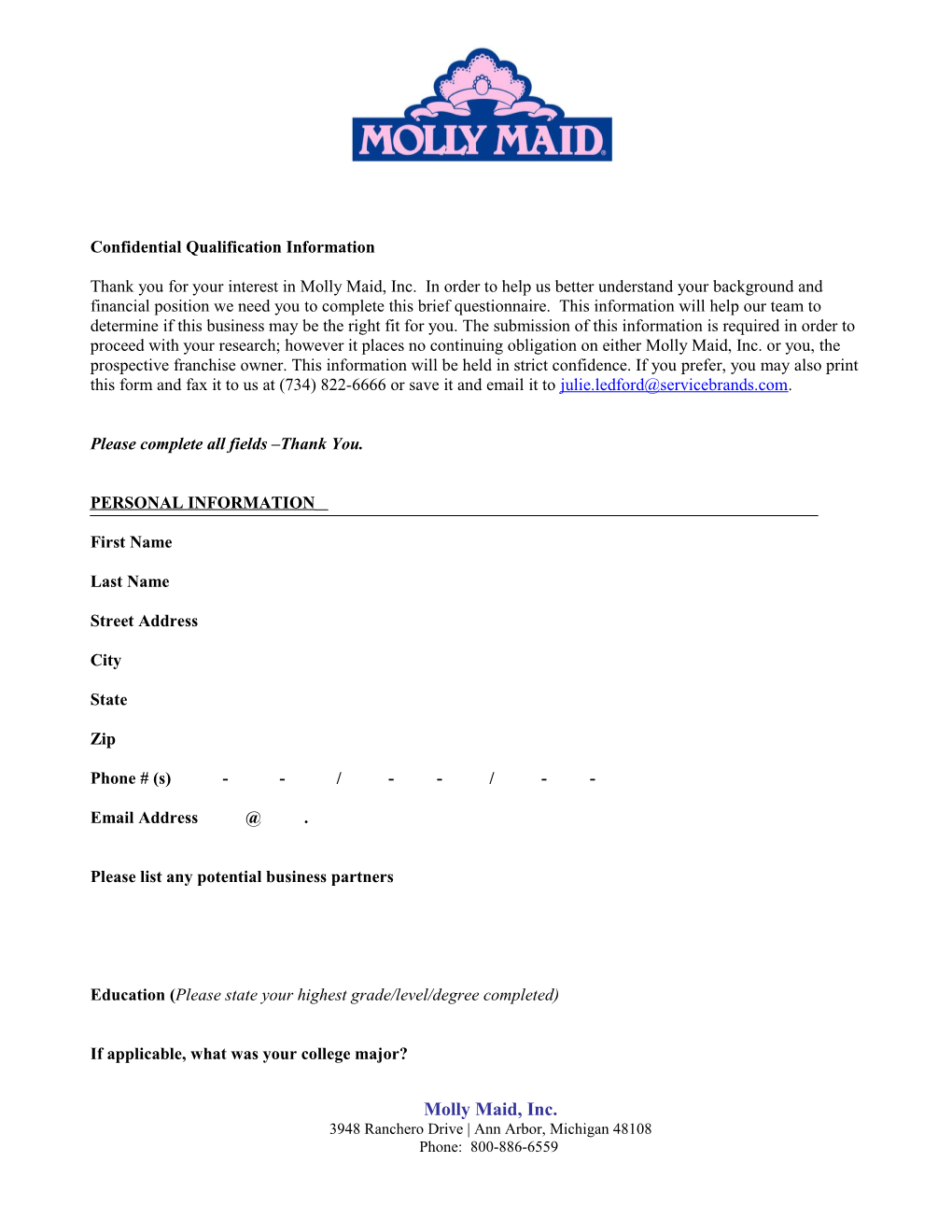 Confidential Qualification Information Form