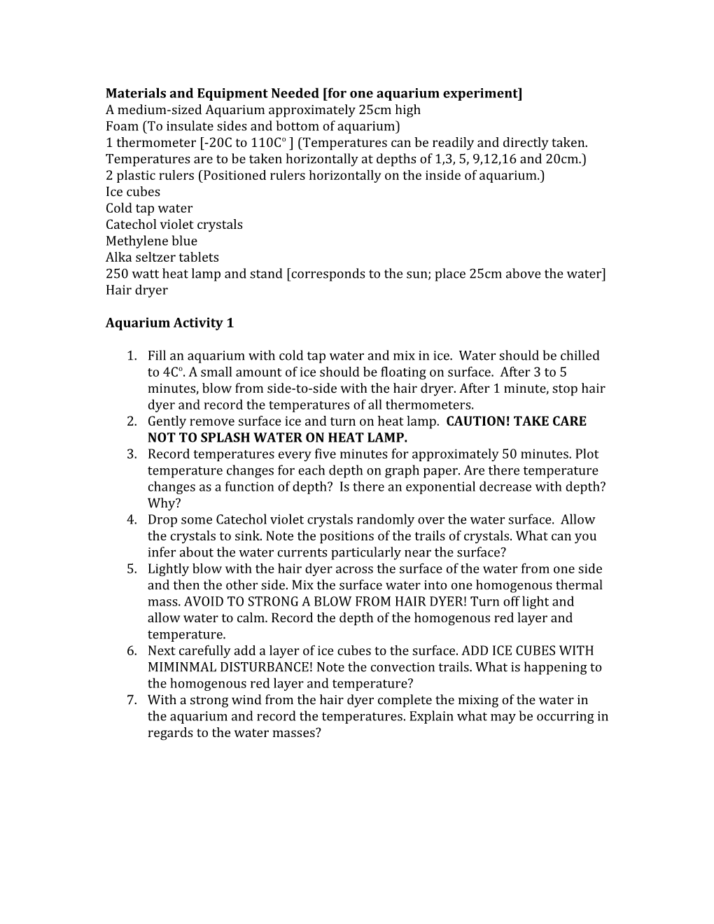 Materials and Equipment Needed for One Aquarium Experiment