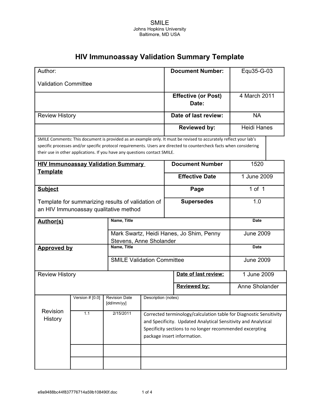 HIV Immunoassay Validation Summary Template