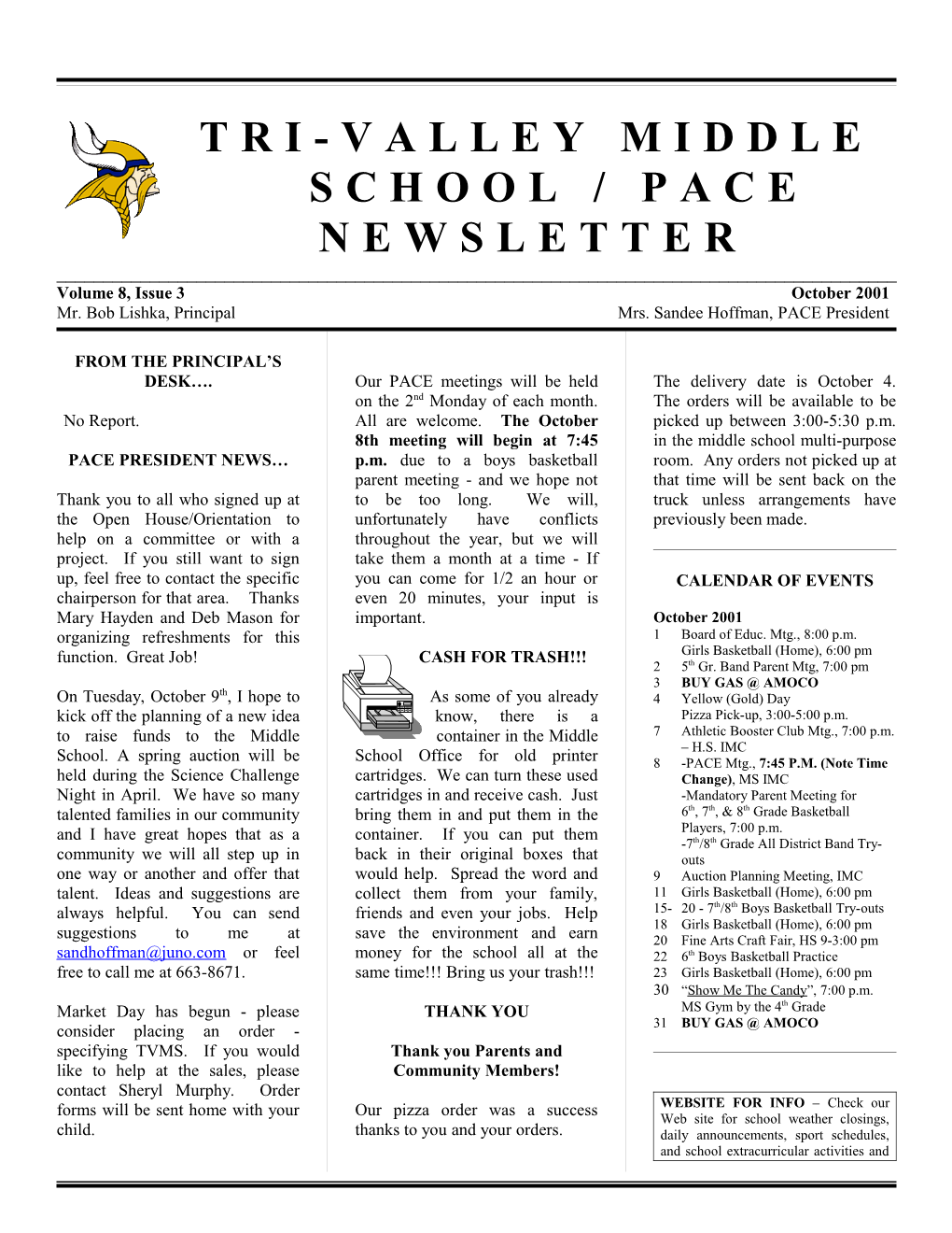 Tri-Valley Middle School / Pace Newsletter
