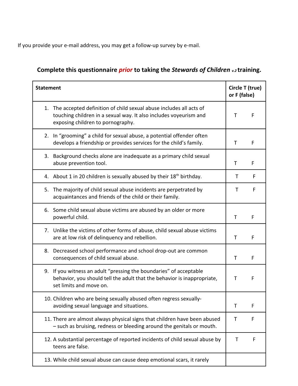 Complete This Questionnaire Prior to Taking the Stewards of Childrenv.2Training