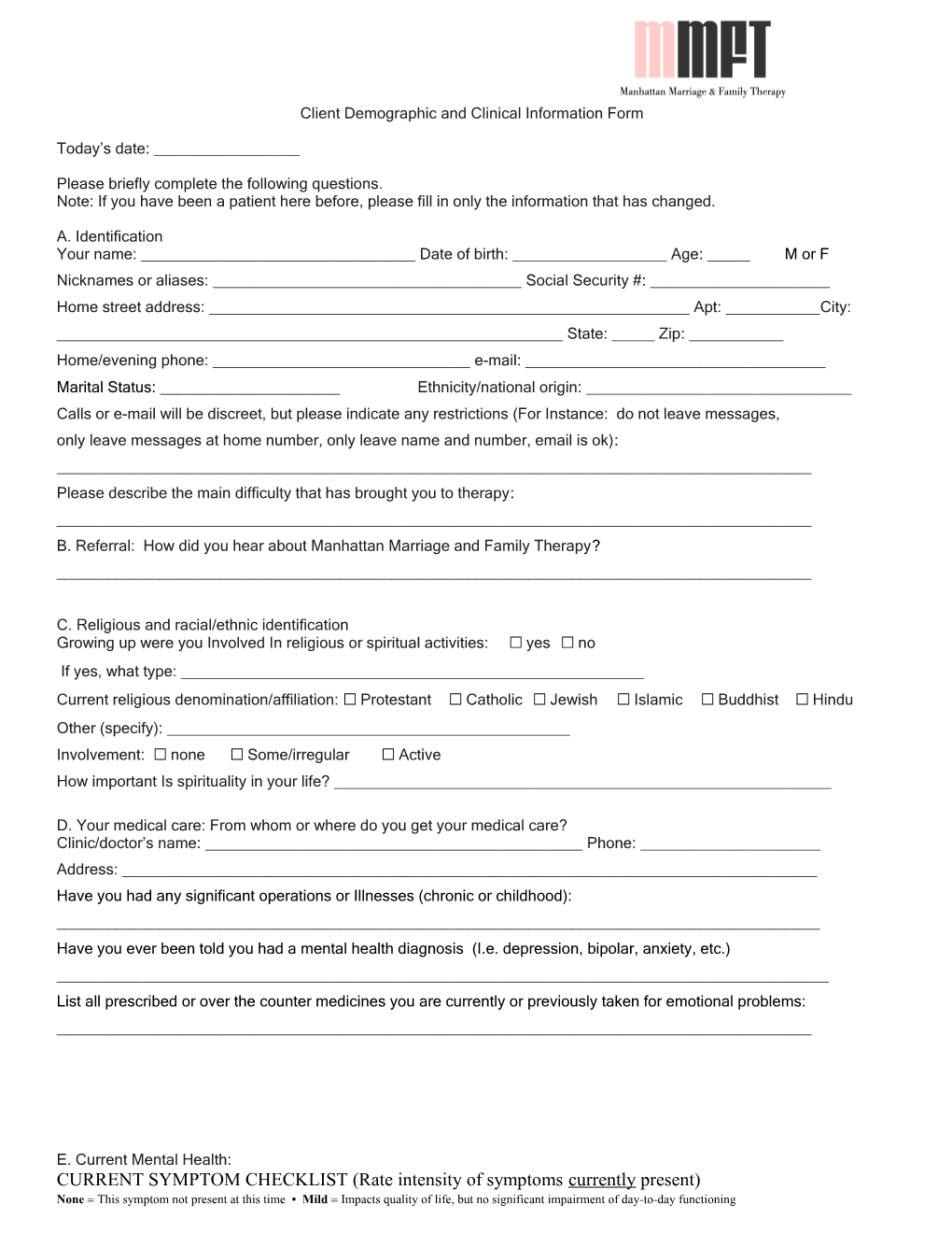 Client Demographic and Clinical Information Form